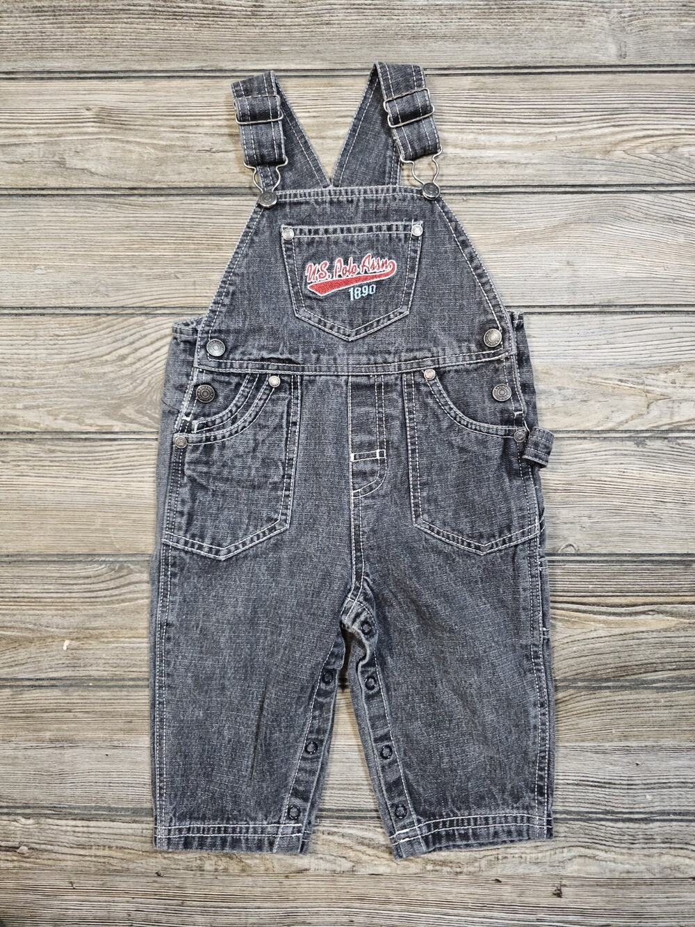 VTG US Polo Association Black Fade Denim Jean Bib Overalls Toddler Sz 18 Months